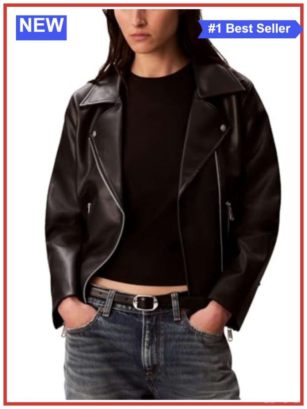 Classic Leather Jacket Asymmetric Zip D-Ring Belt Fall